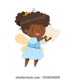 Cute Little Tooth Fairy Holding First Baby Tooth Vector Illustration