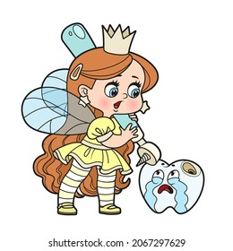 Cute little tooth fairy holds a drill in hands and is going to treat bad tooth color variation for coloring page on white background