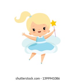 Cute Little Tooth Fairy with Magic Wand, Lovely Blonde Fairy Girl Cartoon Character in Light Blue Dress with Wings Vector Illustration