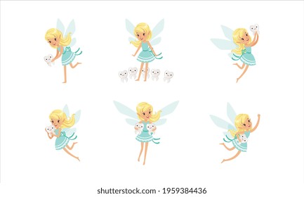 Cute Little Tooth Fairy Set, Charming Blonde Girl with Wings in Blue Dress Holding Kids Tooth Cartoon Vector Illustration