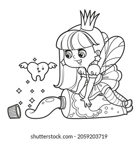 Cute little tooth fairy sits on tube of toothpaste and talks to a cartoon tooth outlined for coloring on white background