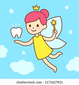 Cute little tooth fairy with wings, magic wand and a tooth. Cartoon vector illustration.