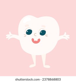  A cute little tooth with glasses and a face, handles and legs. A positive character for the day of the dentist. Care and health of children's teeth.