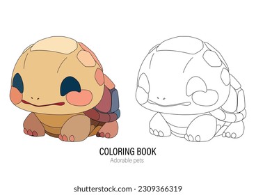 Cute little tortoise with a kind smiling face and big eyes. Vector pet illustration drawn in a simple graphic line art style. Coloring book page design with outline and colored versions