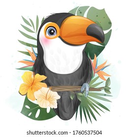 Cute little toucan with watercolor illustration