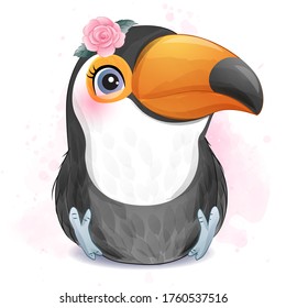 Cute little toucan with watercolor illustration