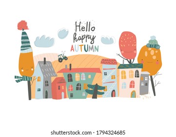 Cute little town with autumnal trees in cartoon style