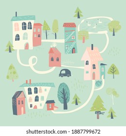 Cute little town in cartoon style. Hello spring