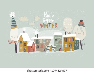 Cute little town covered snow. Hello winter