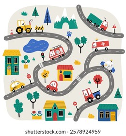 Cute little town map with cars, houses, mountains, roads, trees, fire engine, police car, ambulance, truck. Doodle cityscape for nursery carpet print. Hand-drawn maps for kids room, nursery decor