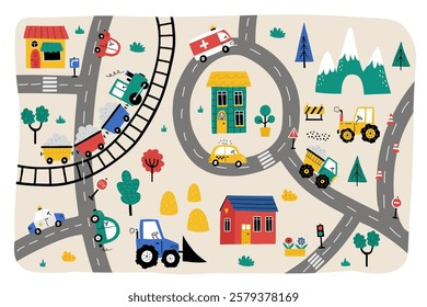 Cute little town map with cars, houses, mountains, roads, trees, train, police car, ambulance, truck. Doodle cityscape for nursery carpet print. Hand-drawn maps for kids room, nursery decor, bed linen