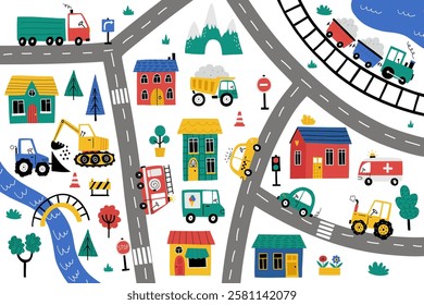 Cute little town map with cars, houses, mountains, roads, trees, train, police car, ambulance, truck. Doodle cityscape for nursery carpet print. Hand-drawn maps for kids room, nursery decor, bed linen