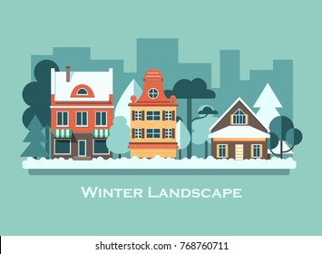 Cute little town winter landscape. Vector illustration