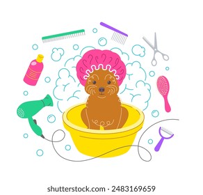 Nettes kleines Spielzeug Pudel Hund in Duschhaube ein Bad in Plastikschüssel mit Seifenschaum, Blasen und Pflegewerkzeugen, wie Fön, Schere, Shampoo, Bürsten. Pet Grooming Handgezeichnete Illustration