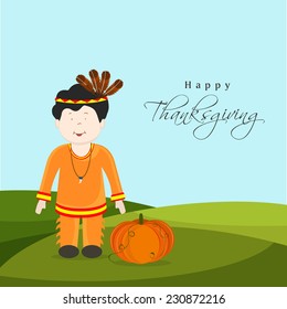 Cute kleiner Stammenjunge mit Kürbis auf Naturhintergrund für Happy Thanksgiving-Feierlichkeiten. 