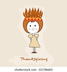 Cute little tribe girl on beige background for Thanksgiving Day celebrations. 