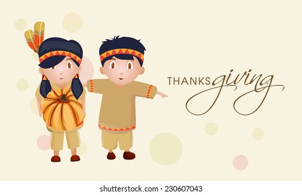 Cute little tribe kids holding pumpkin on abstract background for Thanksgiving Day celebration 