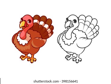 Cute little turkey. Cartoon vector character isolated on a white background with black outline.