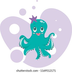 Cute little turquoise octopus cartoon on abstract background
