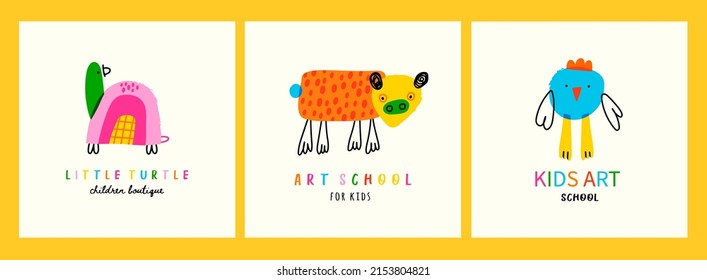 Cute little turtle, cow, bird. Kids art. Childish style drawing. Hand drawn colorful Vector illustration. Kindergarten, children art school logo or poster template. Set of three isolated cards