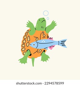 Cute little Turtle, fish and bubbles. Cartoon style character. Hand drawn Vector illustration. Isolated design element. Protect and save sea creatures, tortoise, animal world day concept