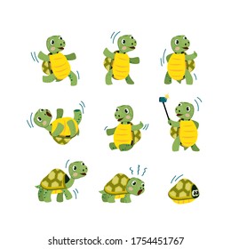 Cute little turtle flat icon set. Cartoon smiling animal character dancing, walking and having fun isolated vector illustration collection. Mascot and tortoise concept