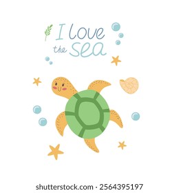 Cute little turtle in hand drawn style, sea life elements. Sea animals. Vector character in flat style for prints and children's illustration