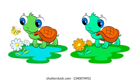 A cute little turtle on a walk meets a flower and a butterfly - a cheerful vector illustration that can be used for decoration and design.