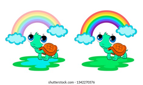 A cute little turtle on a walk rainbow and cloud - a cheerful vector illustration that can be used for decoration and design.
