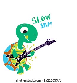 Cute little turtle playing guitar poster cartoon vector illustration on white background