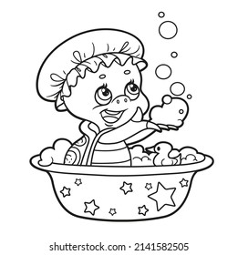 Cute little turtle takes a bath and plays with soap suds outlined for coloring page on white background