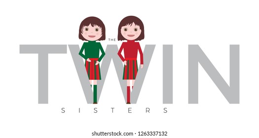 Cute little Twin Girls Vector. Cartoon. Isolated art on white background with text "TWIN"