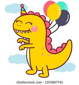 Cute little tyranosaurus rex vector cartoon illustration, Cute dinosaur vector,dino doodles for Happy birthday party theme (White background). Perfect for kid's greeting card design, Print for t-shirt
