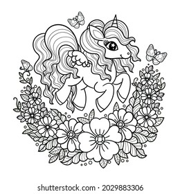 Cute little unicorn among flowers and butterflies. Black and white linear image. For the design of coloring books, prints, posters, stickers, badges, etc. Vector