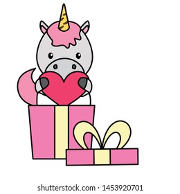 cute little unicorn baby with heart in gift vector illustration design