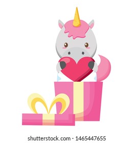 cute little unicorn baby with heart in gift vector illustration design