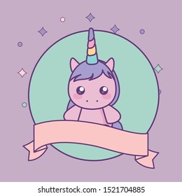 cute little unicorn baby with ribbon vector illustration design