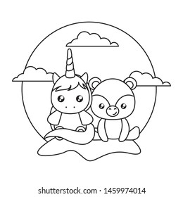 cute little unicorn with bear baby in landscape