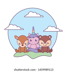 cute little unicorn with bear and reindeer baby in landscape