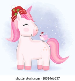 Cute little unicorn and bird cartoon hand drawn Christmas season watercolor illustration