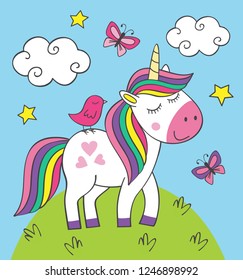 cute little unicorn with bird on meadow- vector illustration, eps
