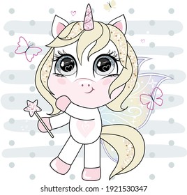 Cute little unicorn with blonde hair holding magic wand and dancing with butterflies. Trendy style, modern pastel colors. Vector.