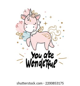 Cute little unicorn in boho style. Baby shower, Greeting card or poster for nursery or kids room, T-shirt design. Vector cartoon illustration