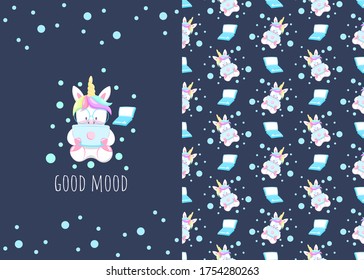 Cute little unicorn cartoon character with laptop, illustrations and seamless patterns for kids