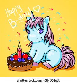 Cute little unicorn celebrates birthday with a delicious cake