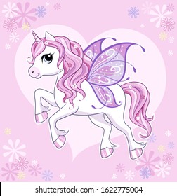 Cute little unicorn character with butterfly wings over pink background. Vector.