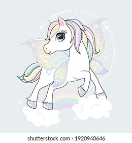 Cute Little Unicorn Character With Butterfly Wings Flying In The Skies.