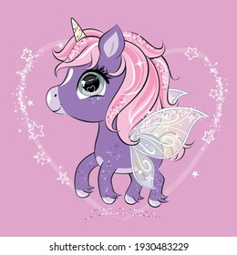 Cute Little Unicorn Character With Butterfly Wings.