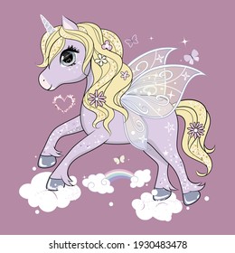 Cute little unicorn character with butterfly wings flying in the skies.