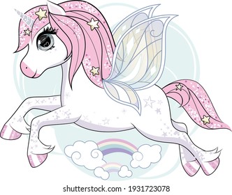 Cute little unicorn character with butterfly wings flying in the skies.